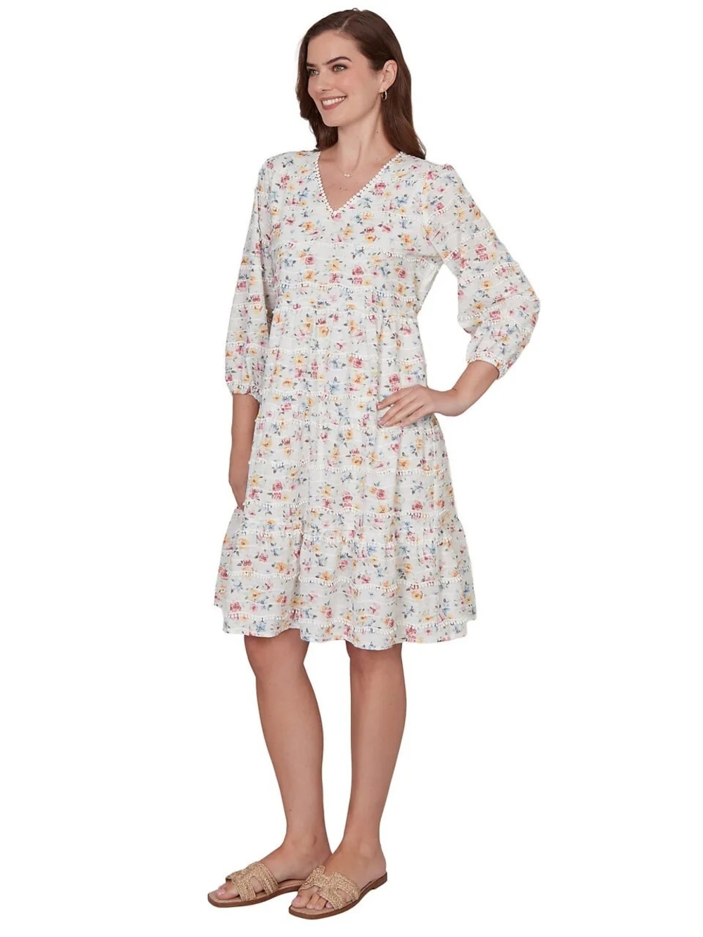 Ruby Rd. Floral Boho Tiered V'neck Mini Peasant Dress - Picture 2 of 9